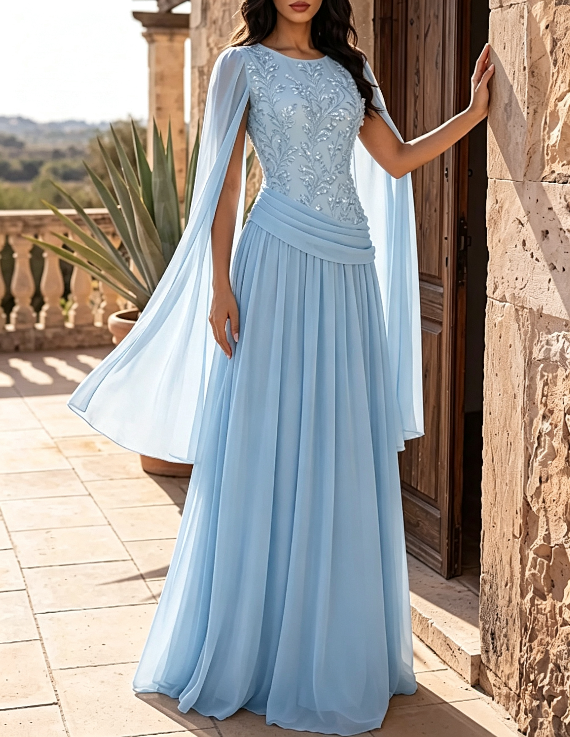 Vestido largo de línea A con cuello redondo, mangas capa de gasa, bordado de encaje y cintura fruncida