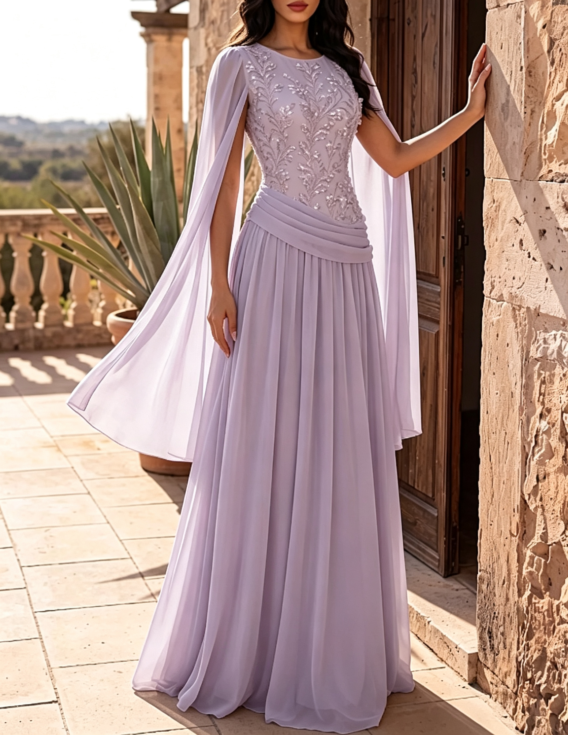 Vestido largo de línea A con cuello redondo, mangas capa de gasa, bordado de encaje y cintura fruncida