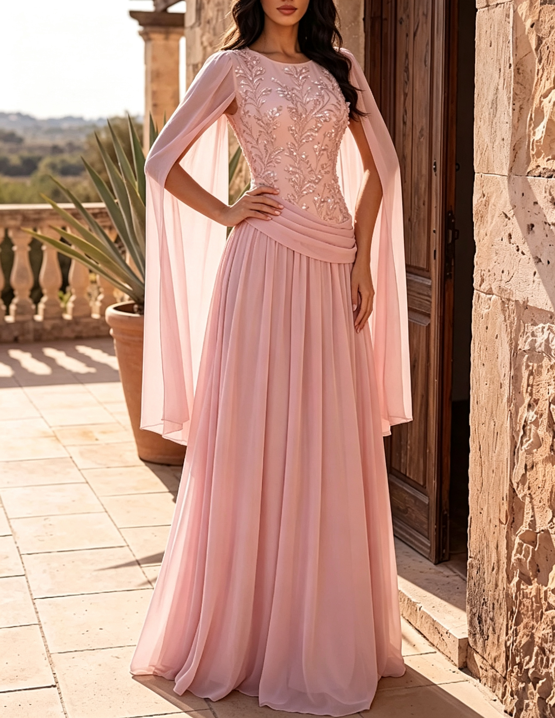 Chiffon-Maxikleid in A-Linie mit Rundhalsausschnitt, Cape-Ärmeln, Spitzenstickerei und geraffter Taille