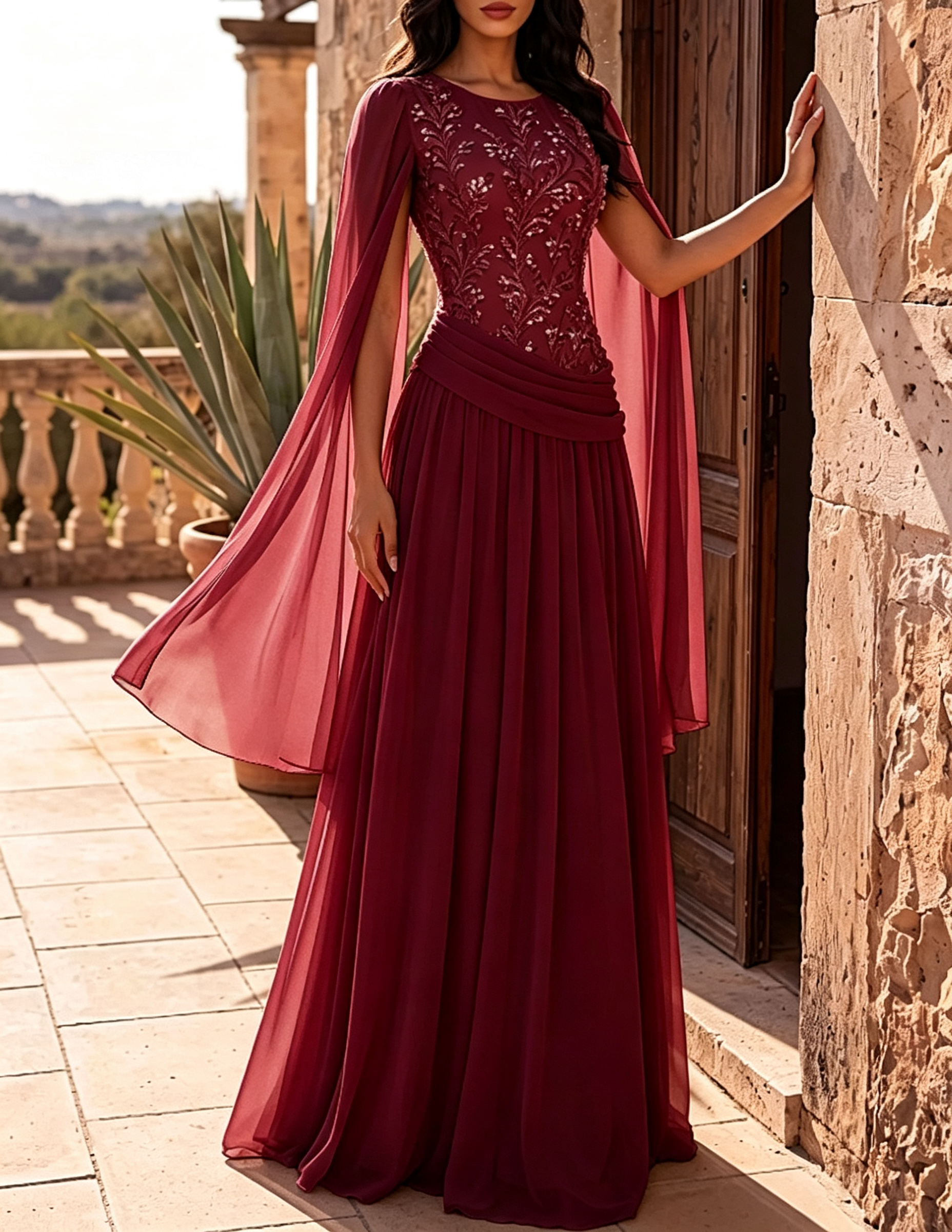 Vestido largo de línea A con cuello redondo, mangas capa de gasa, bordado de encaje y cintura fruncida