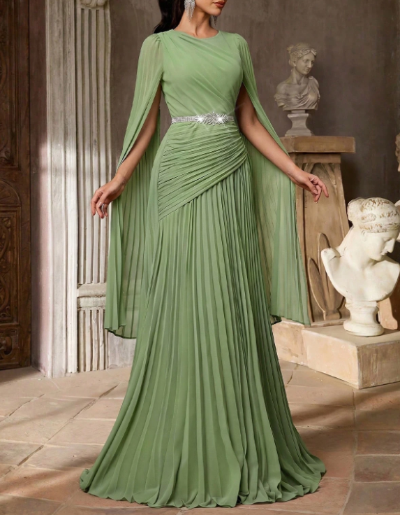 Chiffon-Maxikleid in A-Linie mit Rundhalsausschnitt, Cape-Langärmeln und Falten