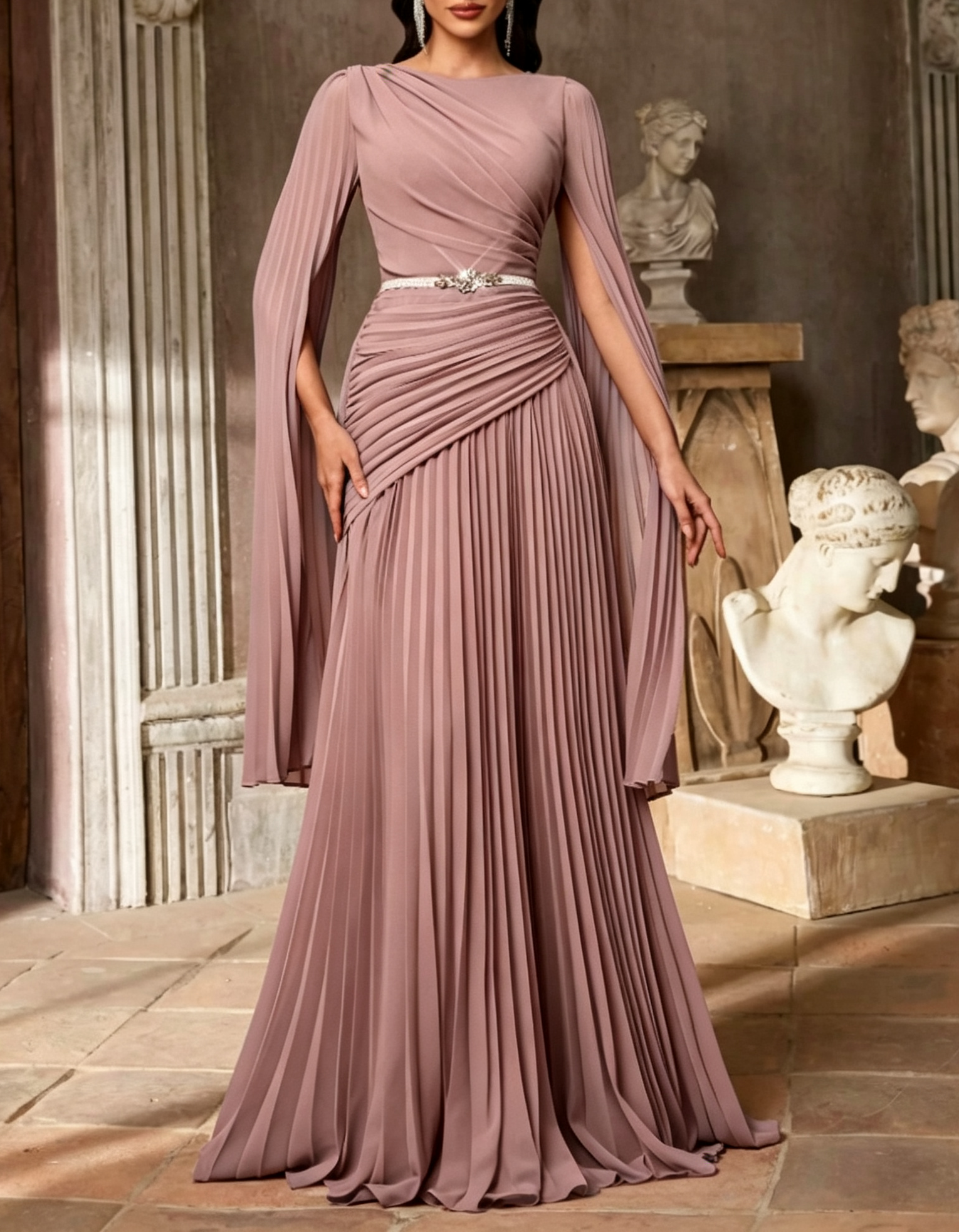 Round Neck Chiffon Cape Long Sleeve Evening A‑Line Maxi Dress