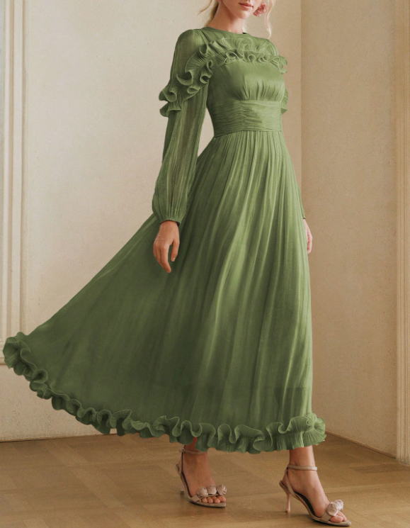 Chiffon-Abendkleid in A-Linie mit Rundhalsausschnitt, Puffärmeln, langen Ärmeln und Rüschen