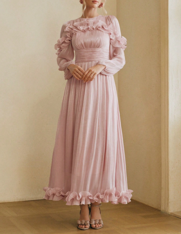 Chiffon-Abendkleid in A-Linie mit Rundhalsausschnitt, Puffärmeln, langen Ärmeln und Rüschen