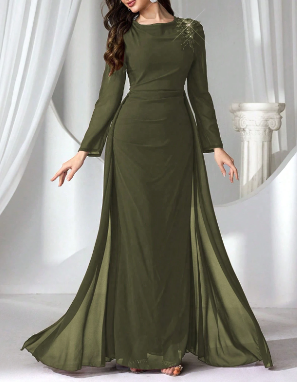 Vestido de noche largo tipo maxi de gasa con cuello redondo, mangas largas, hombros con encaje bordado de cuentas