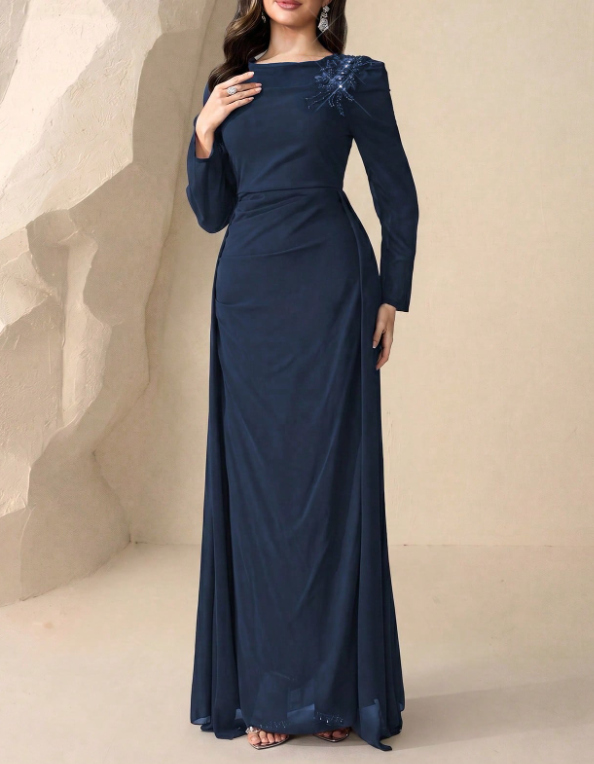 Vestido de noche largo tipo maxi de gasa con cuello redondo, mangas largas, hombros con encaje bordado de cuentas