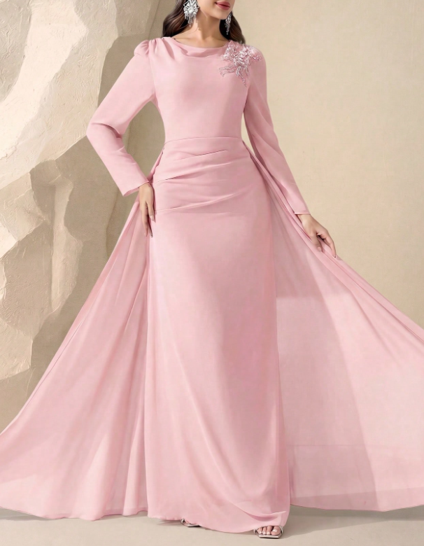Vestido de noche largo tipo maxi de gasa con cuello redondo, mangas largas, hombros con encaje bordado de cuentas