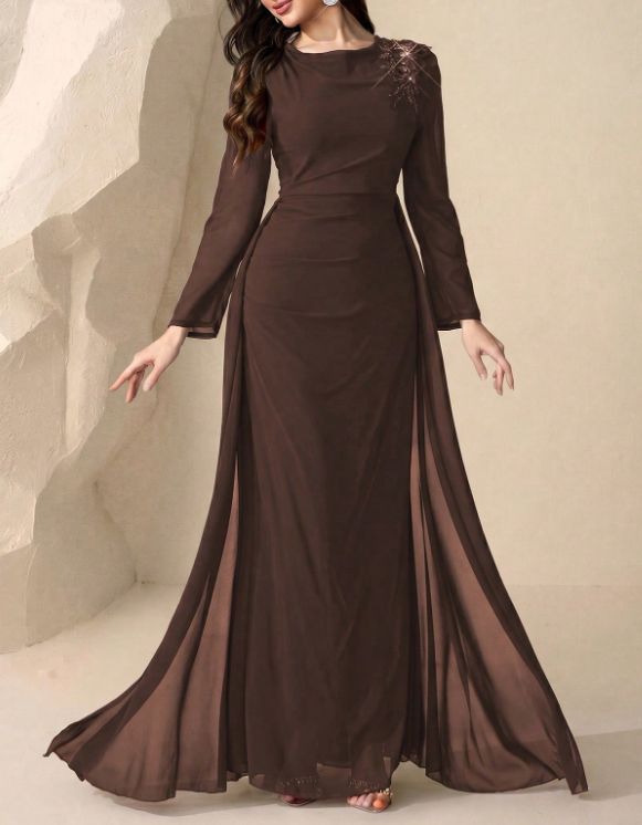 Vestido de noche largo tipo maxi de gasa con cuello redondo, mangas largas, hombros con encaje bordado de cuentas