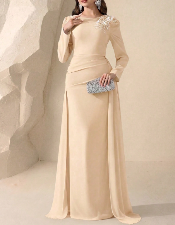 Vestido de noche largo tipo maxi de gasa con cuello redondo, mangas largas, hombros con encaje bordado de cuentas