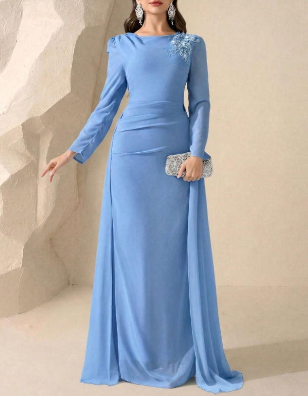 Vestido de noche largo tipo maxi de gasa con cuello redondo, mangas largas, hombros con encaje bordado de cuentas