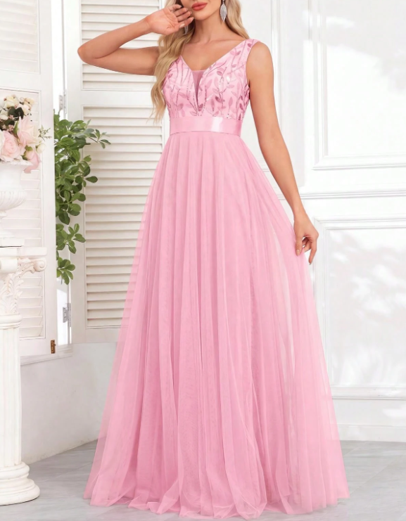 Vestido maxi de noche de tul en línea A, con escote en V, sin mangas, lentejuelas y bordado de encaje