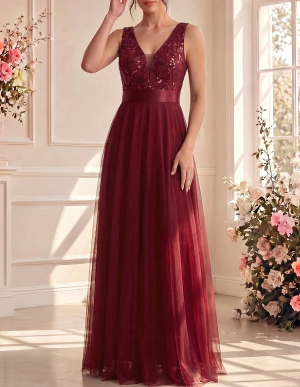Vestido maxi de noche de tul en línea A, con escote en V, sin mangas, lentejuelas y bordado de encaje