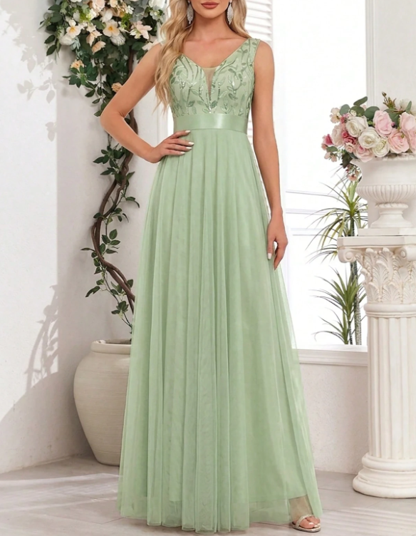 Ärmelloses Pailletten-Spitzenstickerei-Abendkleid in A-Linie mit V-Ausschnitt aus Tüll, bodenlang
