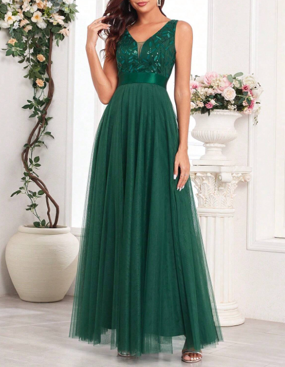 V‑Neck Sleeveless Sequin Lace Embroidery Evening Tulle A‑Line Maxi Dress