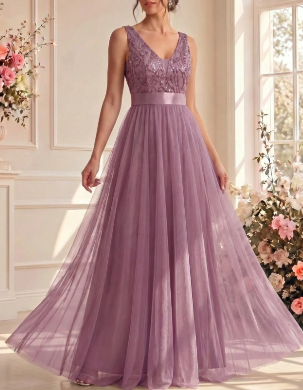 V‑Neck Sleeveless Sequin Lace Embroidery Evening Tulle A‑Line Maxi Dress