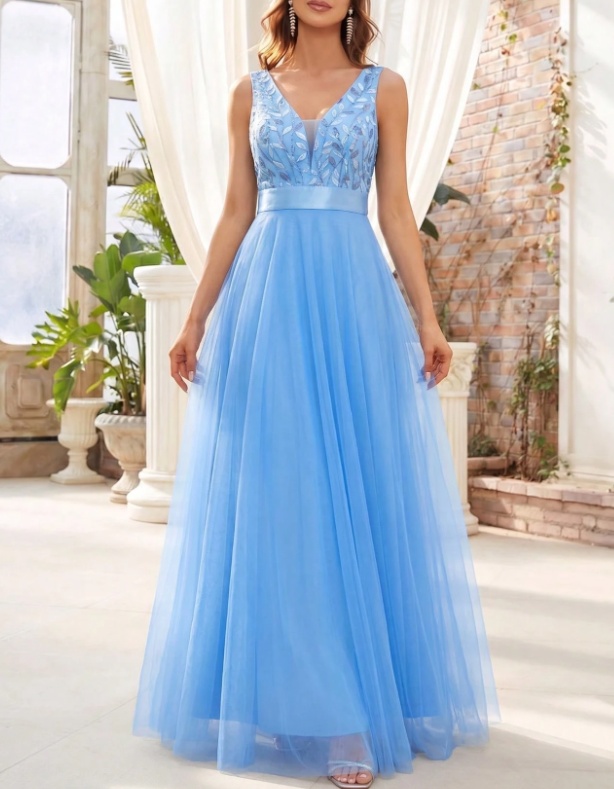 V‑Neck Sleeveless Sequin Lace Embroidery Evening Tulle A‑Line Maxi Dress