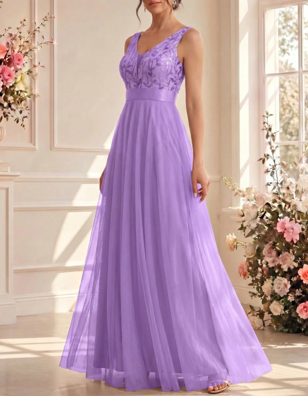V‑Neck Sleeveless Sequin Lace Embroidery Evening Tulle A‑Line Maxi Dress