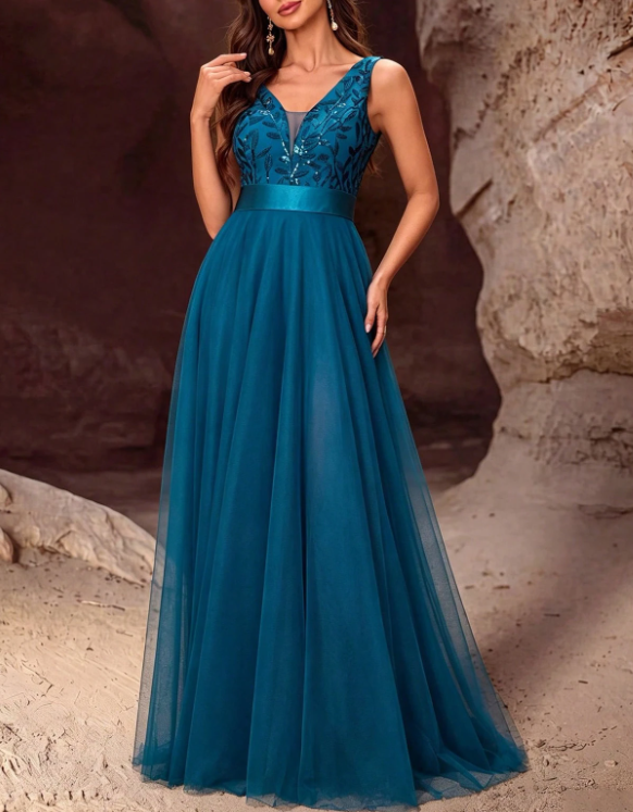 V‑Neck Sleeveless Sequin Lace Embroidery Evening Tulle A‑Line Maxi Dress
