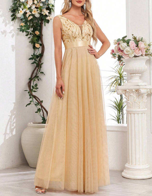 Ärmelloses Pailletten-Spitzenstickerei-Abendkleid in A-Linie mit V-Ausschnitt aus Tüll, bodenlang