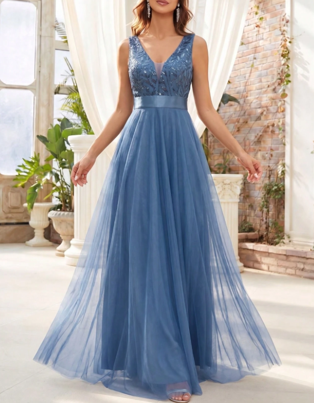 Vestido maxi de noche de tul en línea A, con escote en V, sin mangas, lentejuelas y bordado de encaje