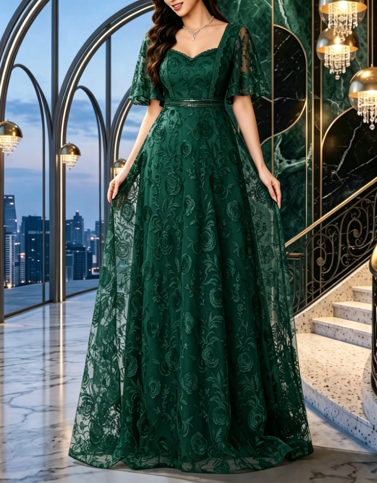 Square Neck Heavy Floral Lace Embroidery Flutter Sleeve Evening A‑Line Maxi Dress