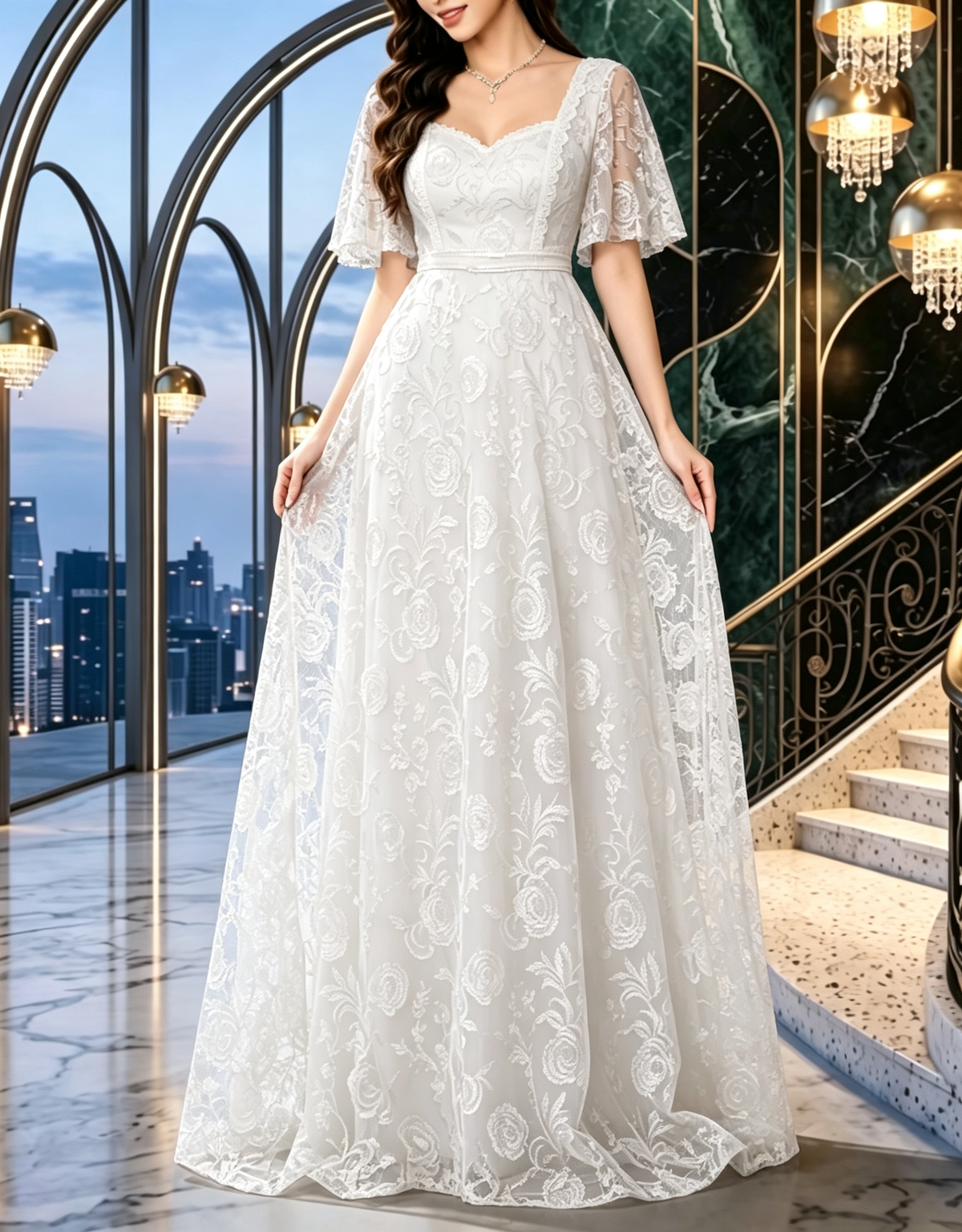 Square Neck Heavy Floral Lace Embroidery Flutter Sleeve Evening A‑Line Maxi Dress