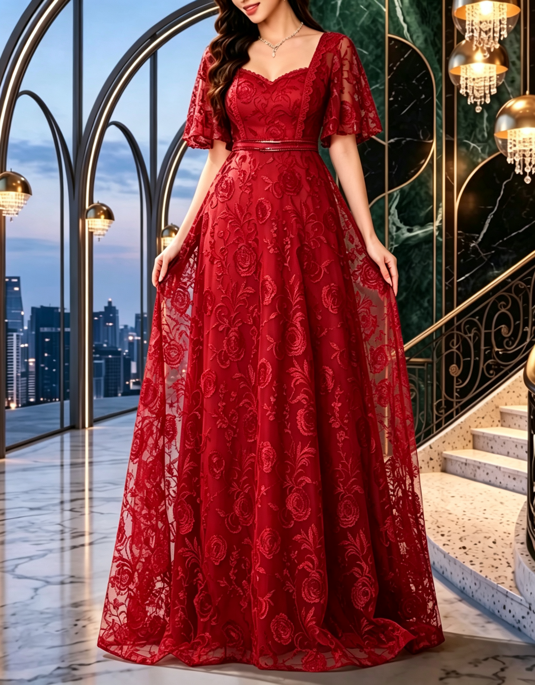Square Neck Heavy Floral Lace Embroidery Flutter Sleeve Evening A‑Line Maxi Dress