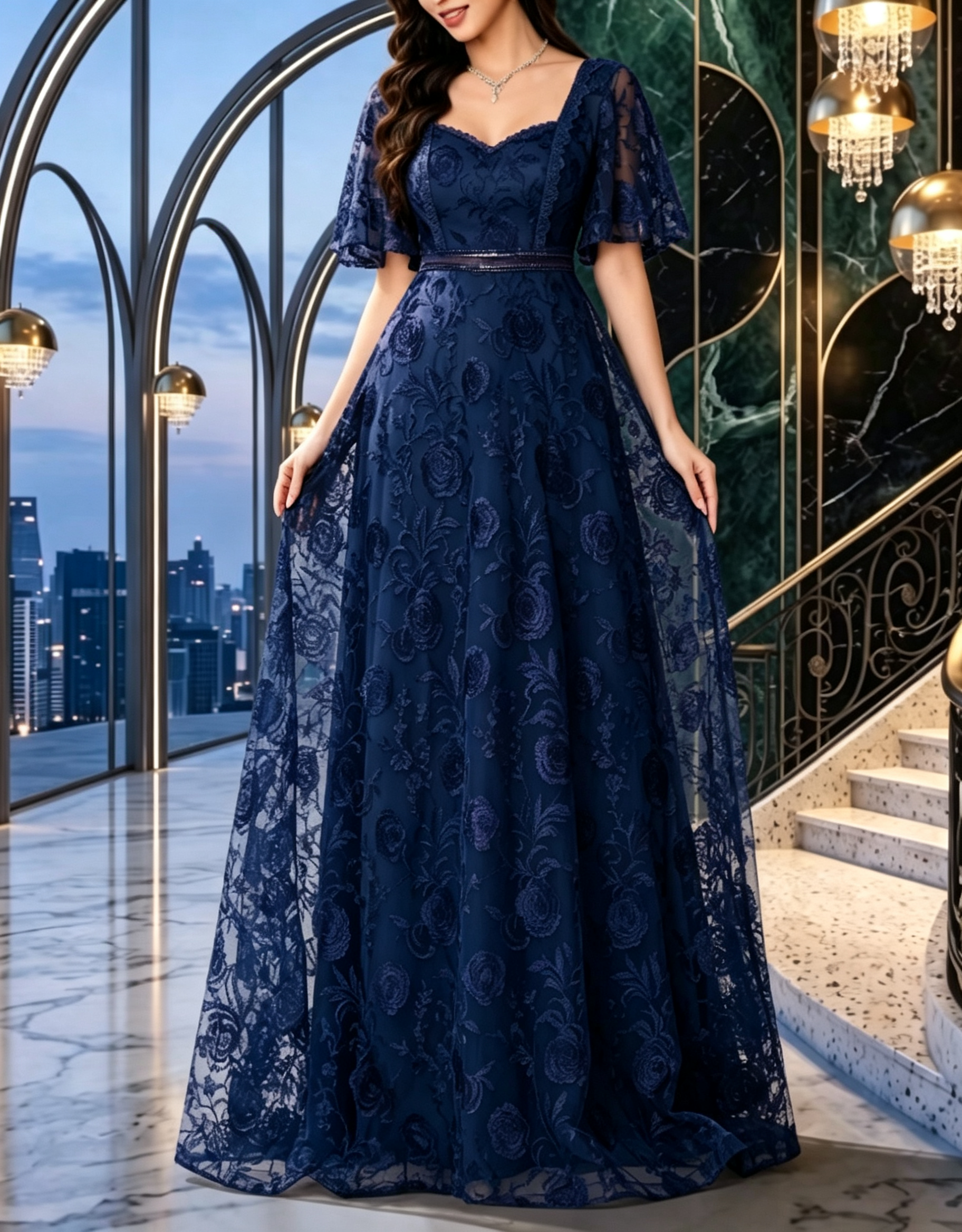 Square Neck Heavy Floral Lace Embroidery Flutter Sleeve Evening A‑Line Maxi Dress
