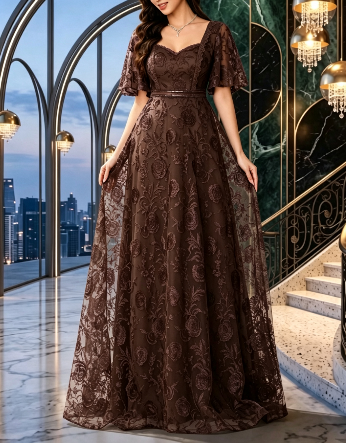 Square Neck Heavy Floral Lace Embroidery Flutter Sleeve Evening A‑Line Maxi Dress