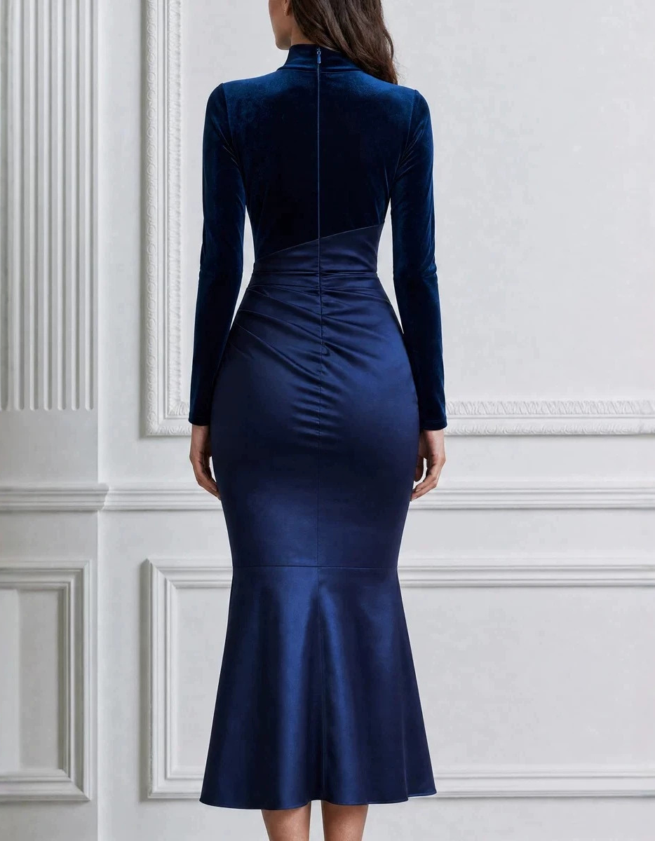 Velvet Satin High Neck Long Sleeve Evening Mermaid Midi Dress