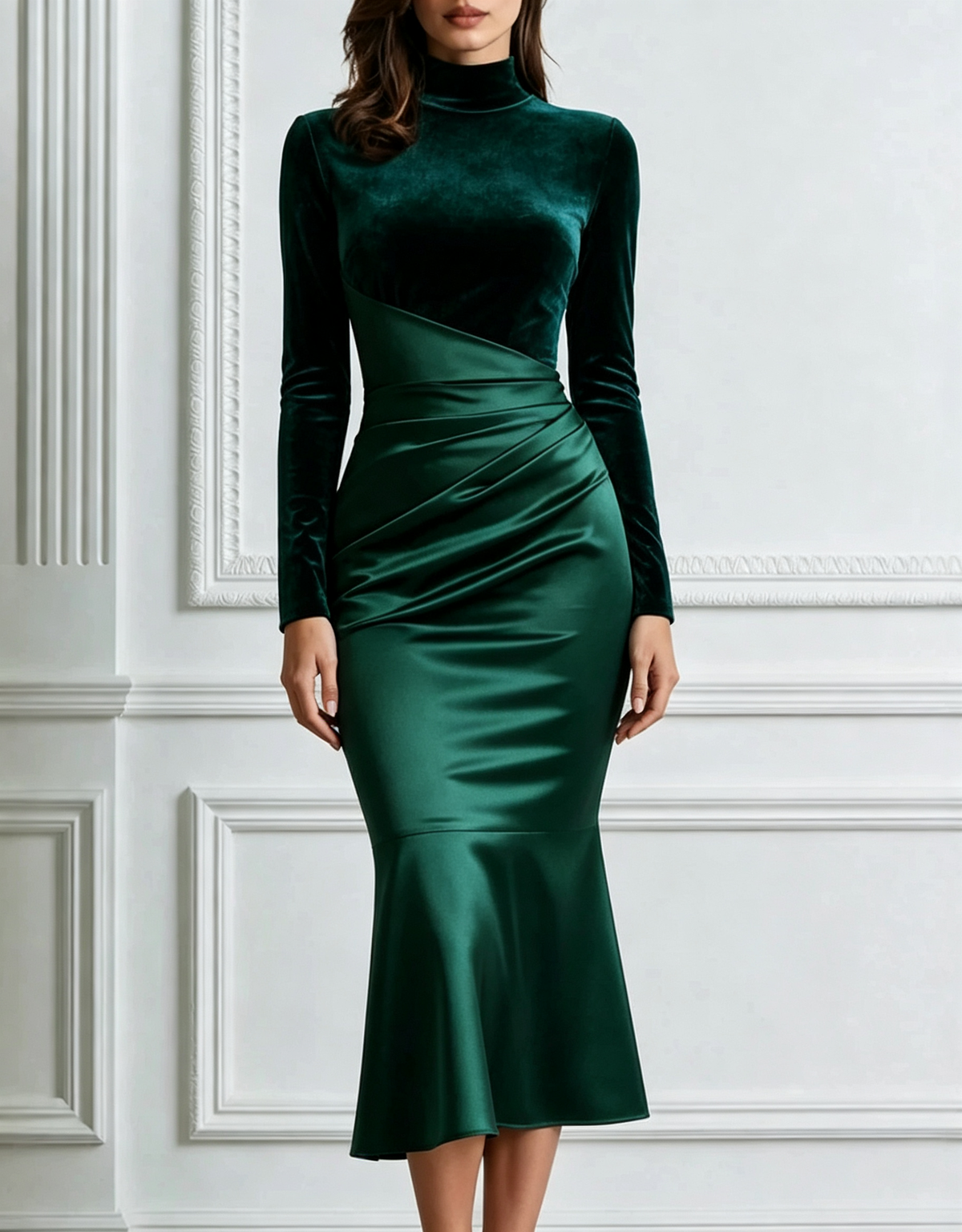 Velvet Satin High Neck Long Sleeve Evening Mermaid Midi Dress