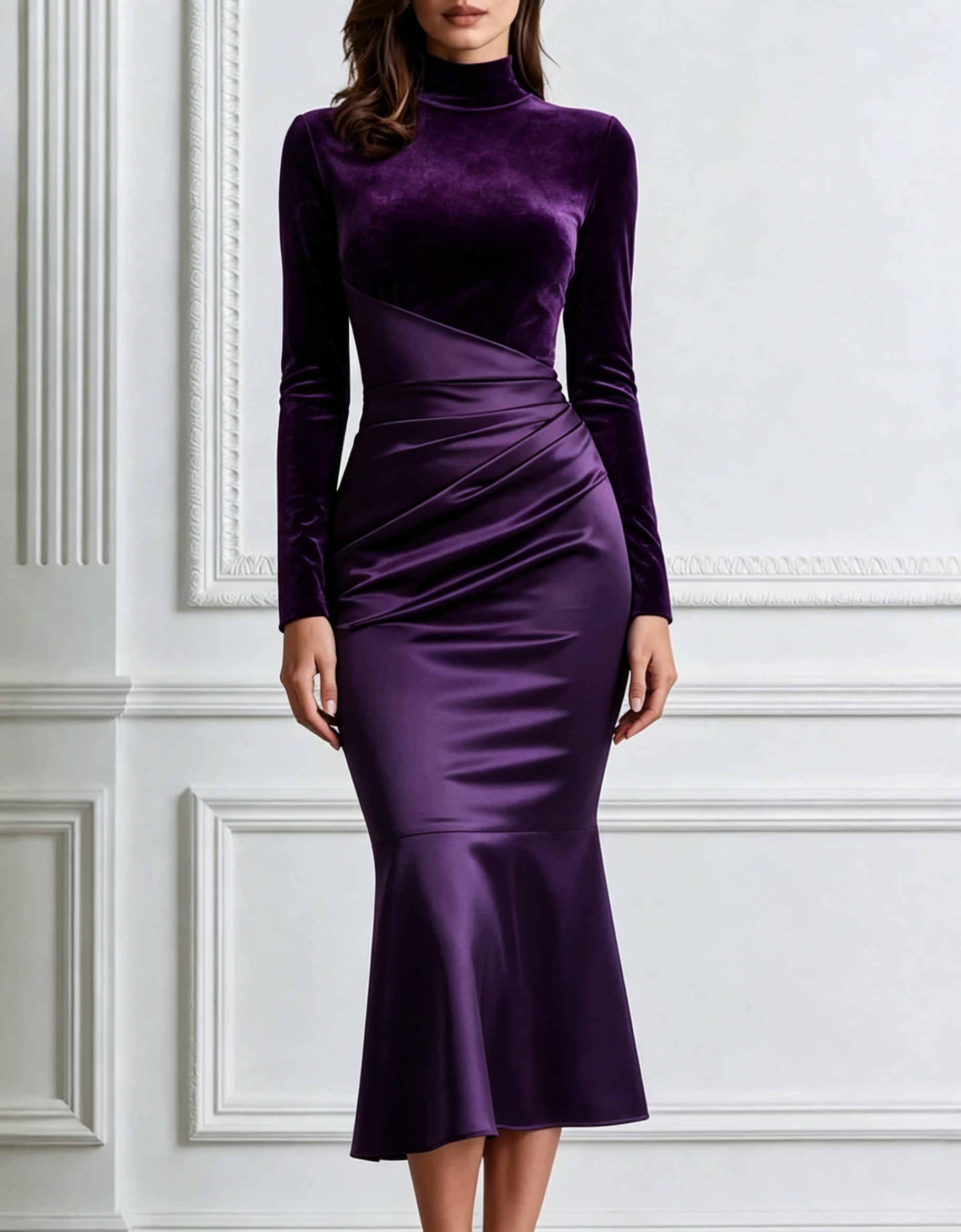 Velvet Satin High Neck Long Sleeve Evening Mermaid Midi Dress