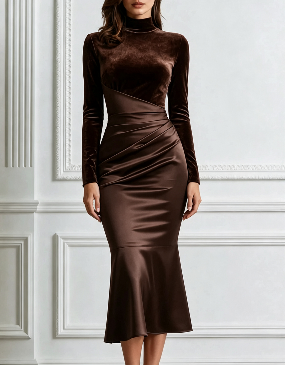 Velvet Satin High Neck Long Sleeve Evening Mermaid Midi Dress