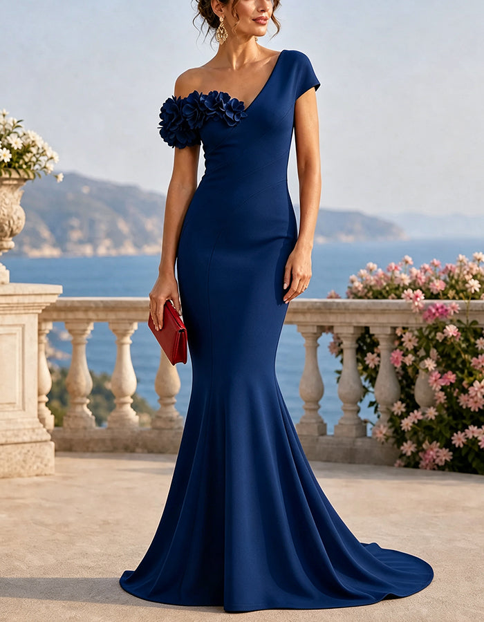 Asymmetrical One‑Shoulder 3D Floral Applique Maxi Dress