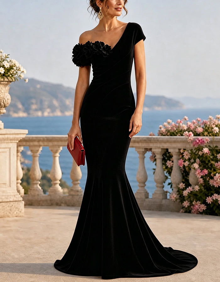 Asymmetrical One‑Shoulder 3D Floral Applique Maxi Dress