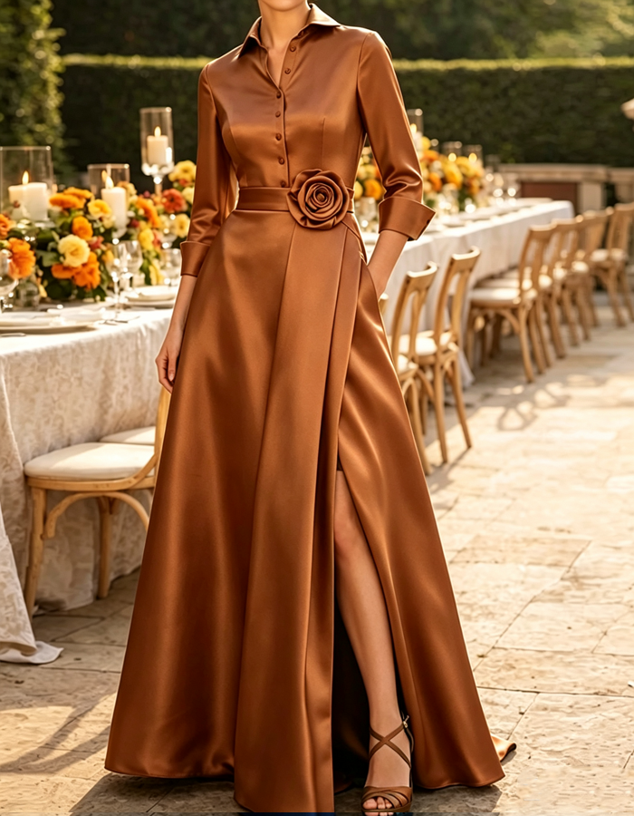 Vestido maxi de noche de satén, con mangas de 3/4, corte en A y rosa 3D