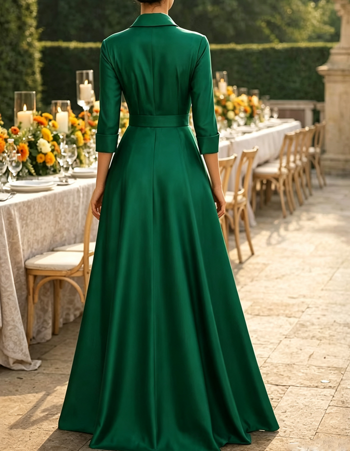 Satin-Abend-Maxikleid in A-Linie mit 3/4-Ärmeln und 3D-Rose