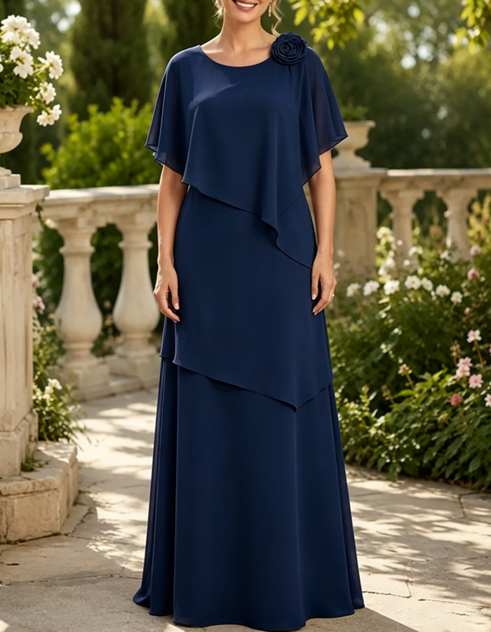 Bodenlanges Abend-Maxikleid mit 3D-Blumen, Schulter-Cape-Ärmeln