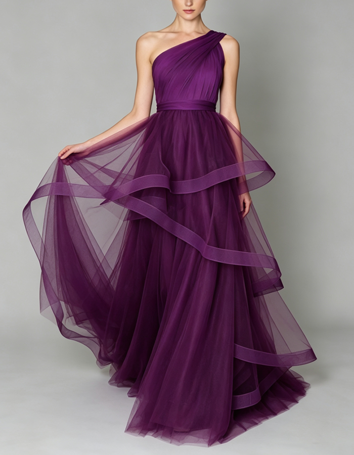 Asymmetrisches One-Shoulder-Maxikleid aus gerafftem Tüll