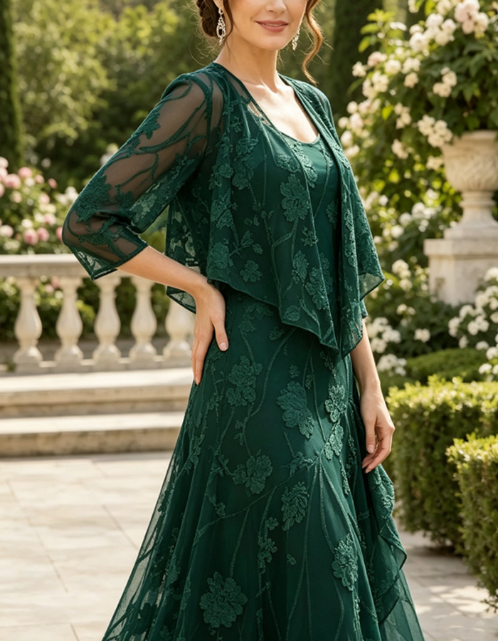 Geblümte Spitzen-Chiffonjacke mit 3/4-Ärmeln und offenem Vorderteil mit Kleid, 2-teiliges Set