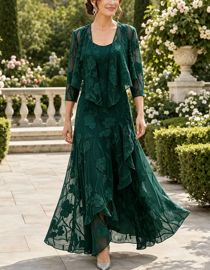 Geblümte Spitzen-Chiffonjacke mit 3/4-Ärmeln und offenem Vorderteil mit Kleid, 2-teiliges Set
