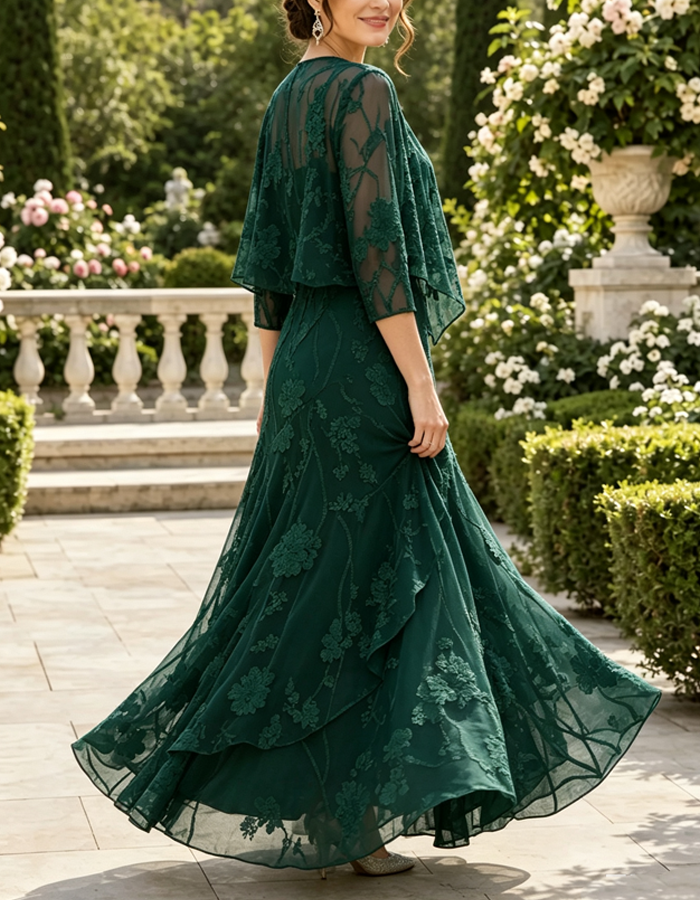 Conjunto de 2 piezas de chaqueta abierta y vestido de gasa con encaje floral y mangas 3/4