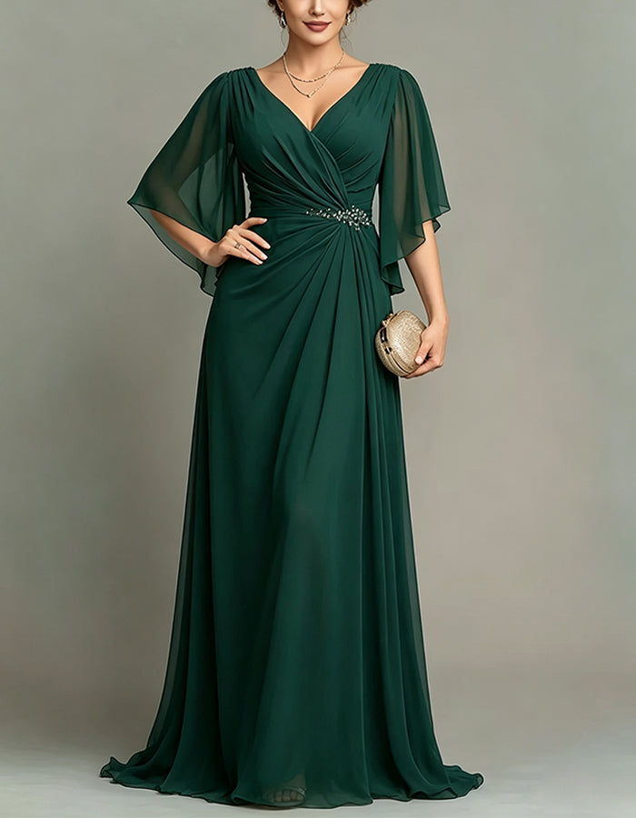 Vestido maxi de gasa verde oscuro, con escote en V y largo hasta el suelo