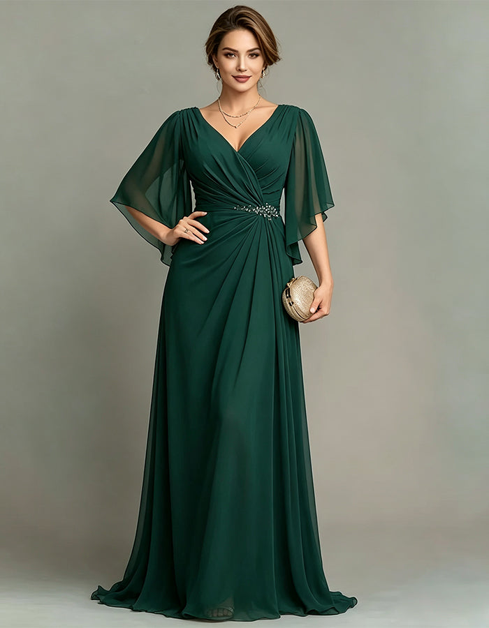 Vestido maxi de gasa verde oscuro, con escote en V y largo hasta el suelo