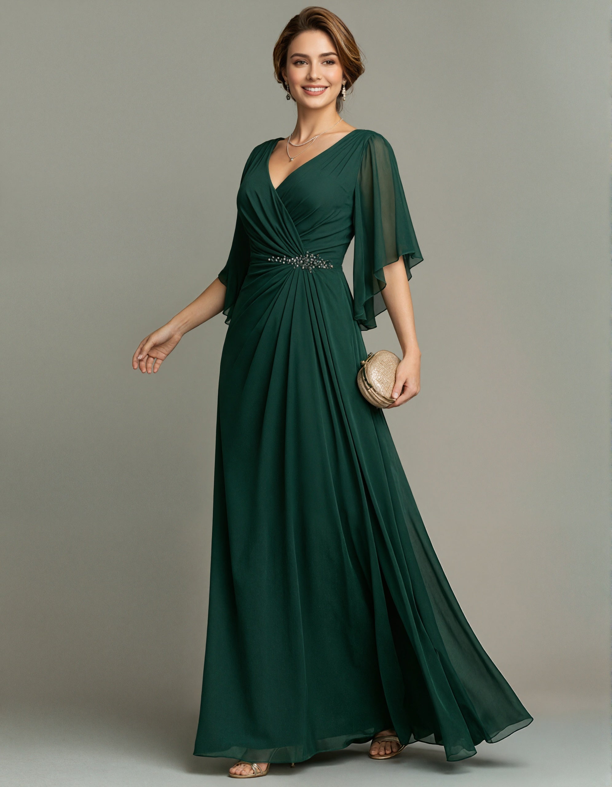 Robe maxi longue en mousseline vert foncé à col en V