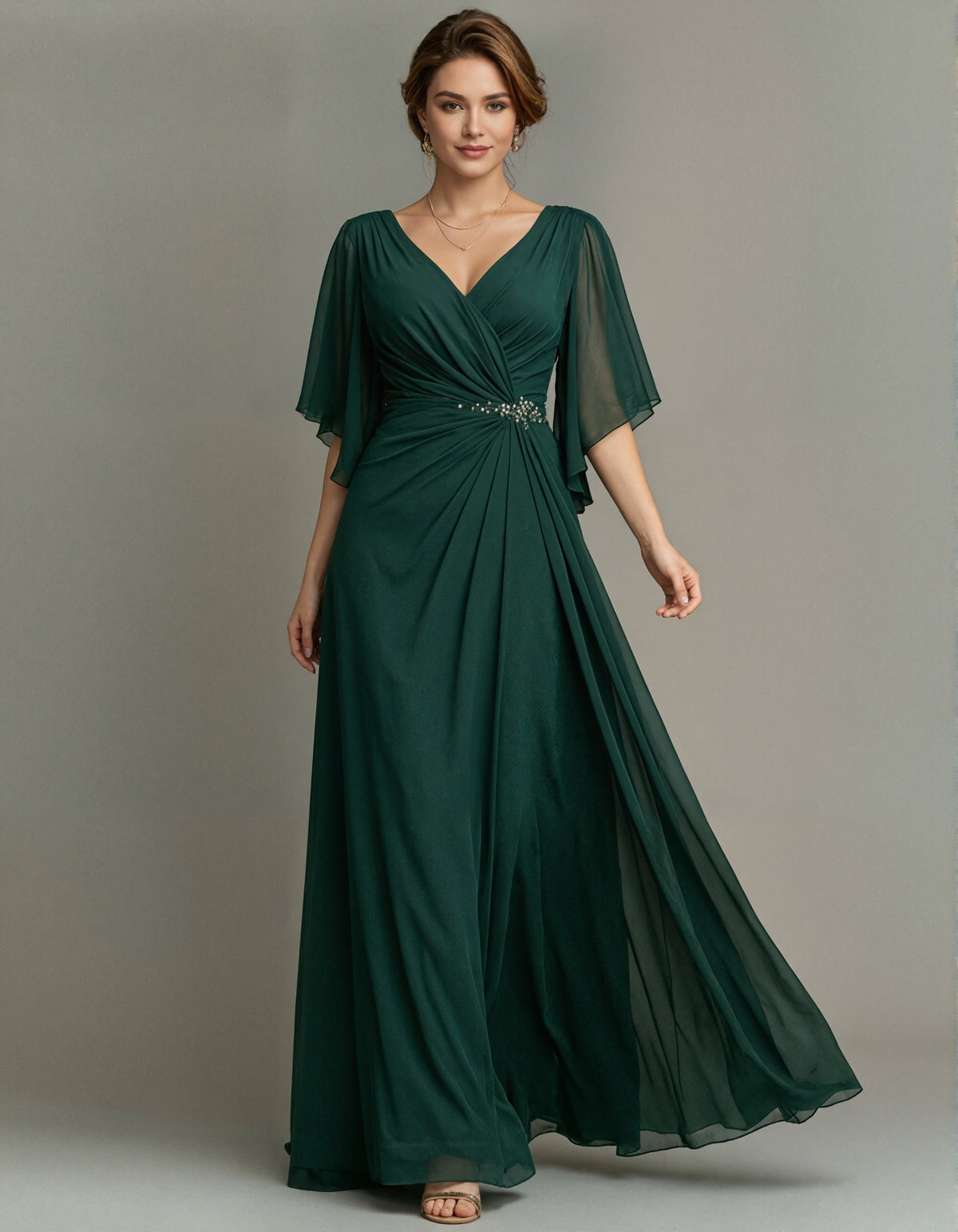 Robe maxi longue en mousseline vert foncé à col en V