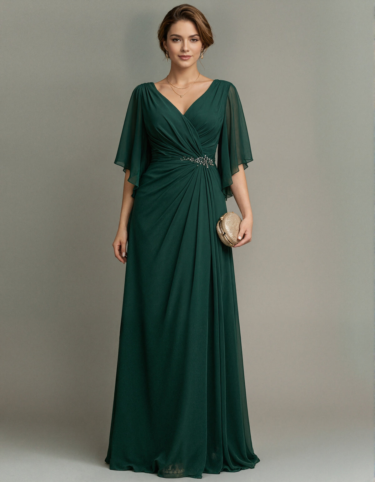 Robe maxi longue en mousseline vert foncé à col en V
