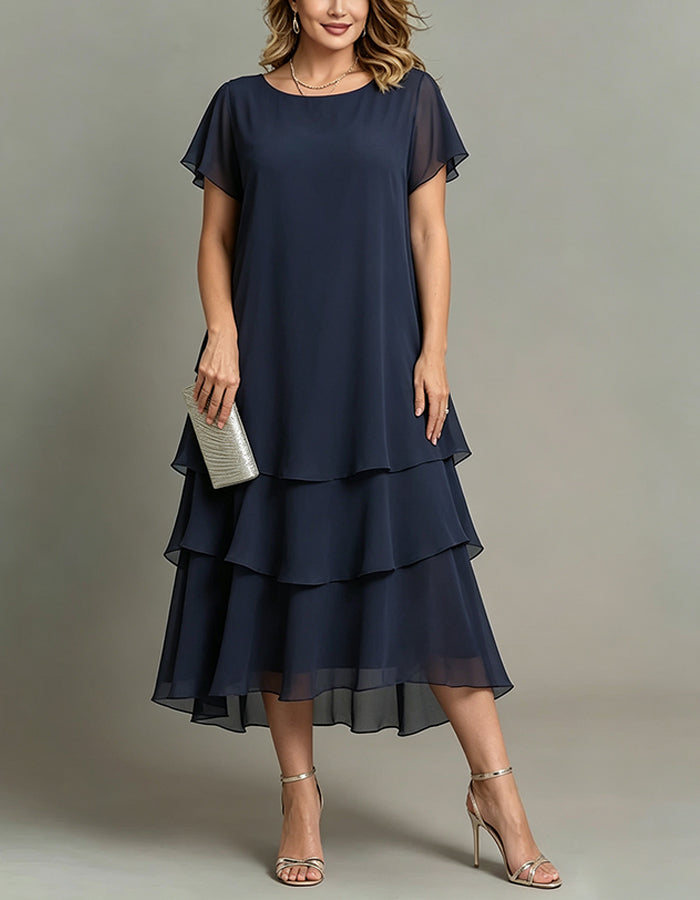 Vestido midi holgado de gasa azul marino, con cuello redondo y capas