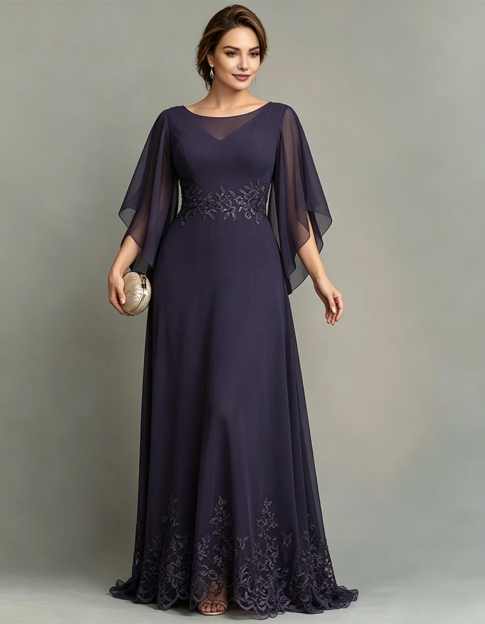 Vestido largo morado oscuro de gasa con escote barco y encaje