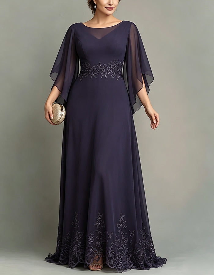 Vestido largo morado oscuro de gasa con escote barco y encaje